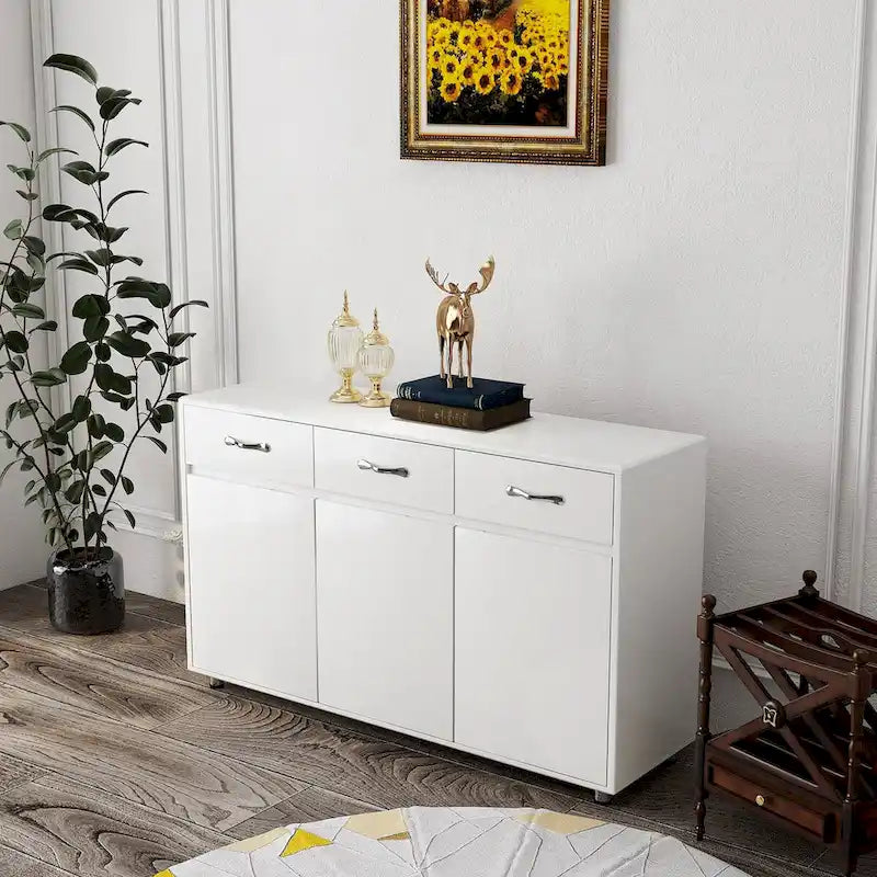 Buffet en MDF gris/blanc avec 3 tiroirs, 3 portes et pieds en tube d'acier – Individuel