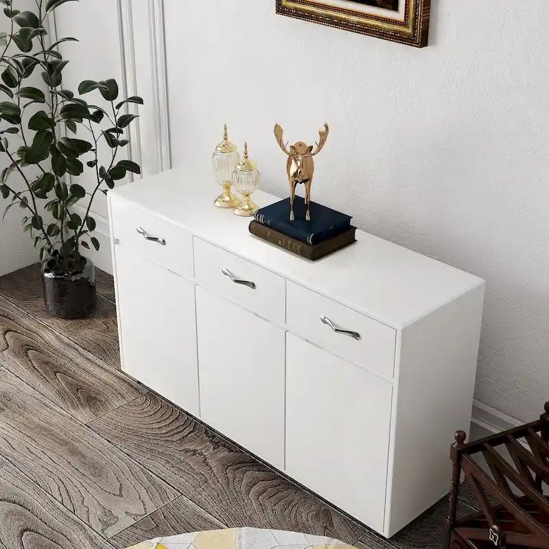 Buffet en MDF gris/blanc avec 3 tiroirs, 3 portes et pieds en tube d'acier – Individuel