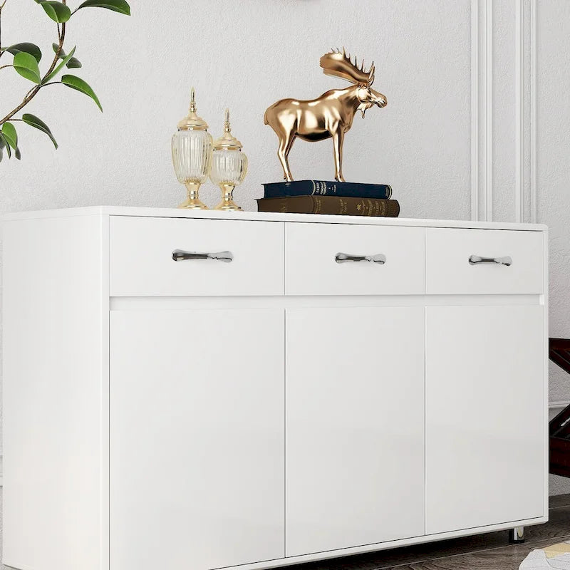 Buffet en MDF gris/blanc avec 3 tiroirs, 3 portes et pieds en tube d'acier – Individuel