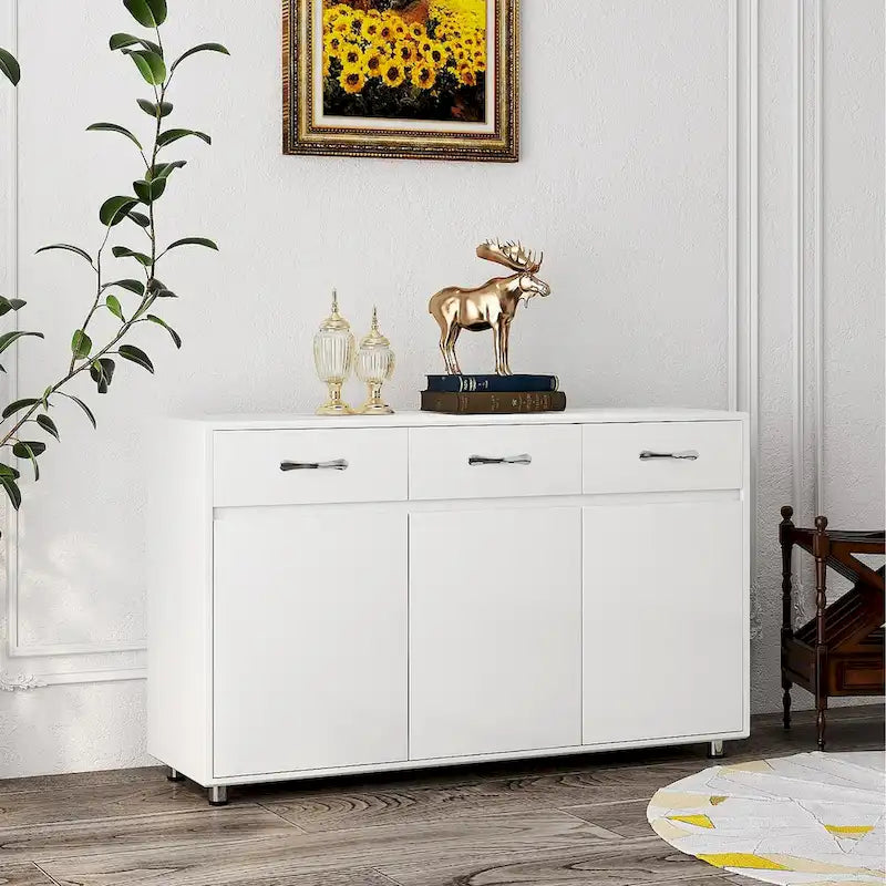 Buffet en MDF gris/blanc avec 3 tiroirs, 3 portes et pieds en tube d'acier – Individuel