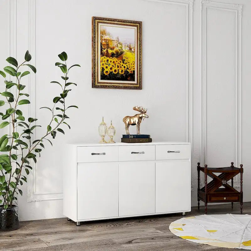 Buffet en MDF gris/blanc avec 3 tiroirs, 3 portes et pieds en tube d'acier – Individuel