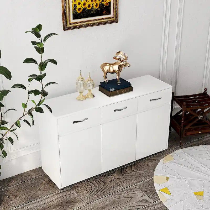 Buffet en MDF gris/blanc avec 3 tiroirs, 3 portes et pieds en tube d'acier – Individuel