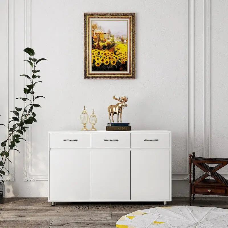 Buffet en MDF gris/blanc avec 3 tiroirs, 3 portes et pieds en tube d'acier – Individuel