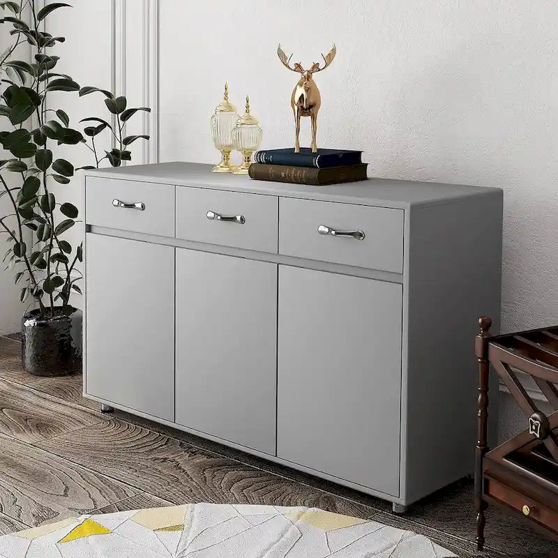 Buffet en MDF gris/blanc avec 3 tiroirs, 3 portes et pieds en tube d'acier – Individuel