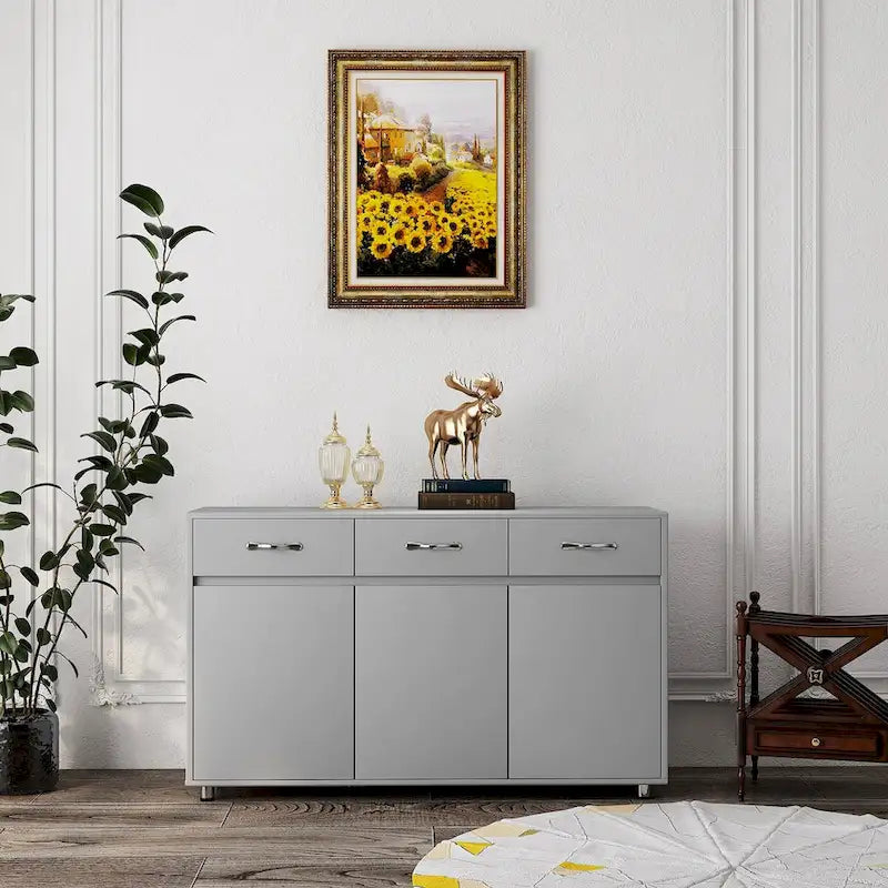 Buffet en MDF gris/blanc avec 3 tiroirs, 3 portes et pieds en tube d'acier – Individuel