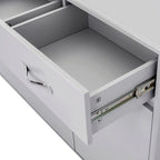 Buffet en MDF gris/blanc avec 3 tiroirs, 3 portes et pieds en tube d'acier – Individuel