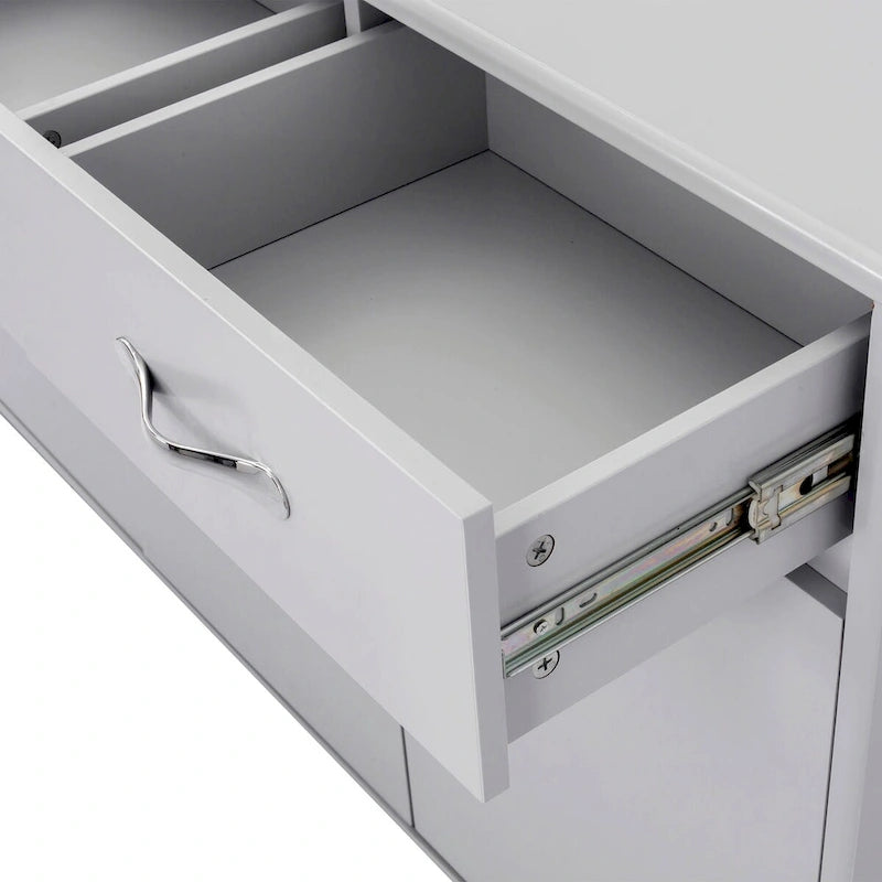 Buffet en MDF gris/blanc avec 3 tiroirs, 3 portes et pieds en tube d'acier – Individuel