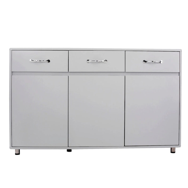 Buffet en MDF gris/blanc avec 3 tiroirs, 3 portes et pieds en tube d'acier – Individuel