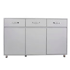 Buffet en MDF gris/blanc avec 3 tiroirs, 3 portes et pieds en tube d'acier – Individuel