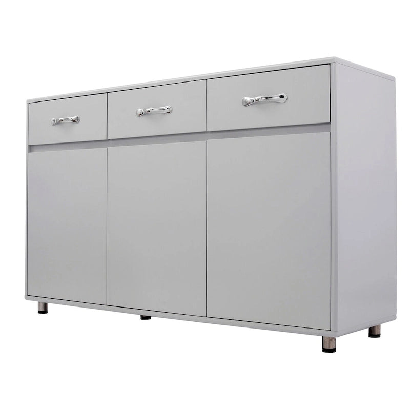 Buffet en MDF gris/blanc avec 3 tiroirs, 3 portes et pieds en tube d'acier – Individuel