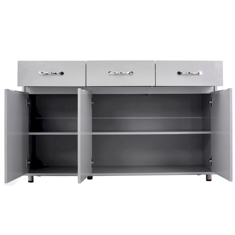 Buffet en MDF gris/blanc avec 3 tiroirs, 3 portes et pieds en tube d'acier – Individuel