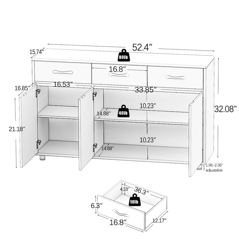 Buffet en MDF gris/blanc avec 3 tiroirs, 3 portes et pieds en tube d'acier – Individuel