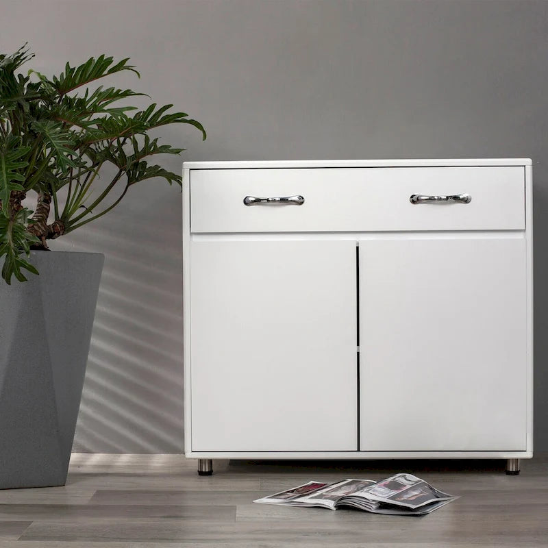 Buffet en MDF gris/blanc avec 3 tiroirs, 3 portes et pieds en tube d'acier – Individuel