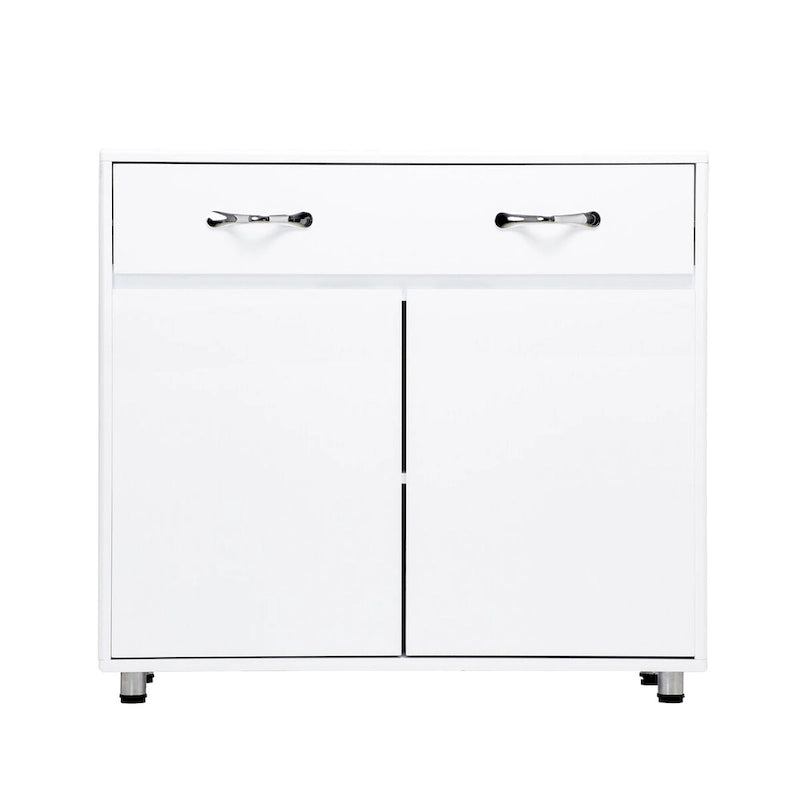 Buffet en MDF gris/blanc avec 3 tiroirs, 3 portes et pieds en tube d'acier – Individuel