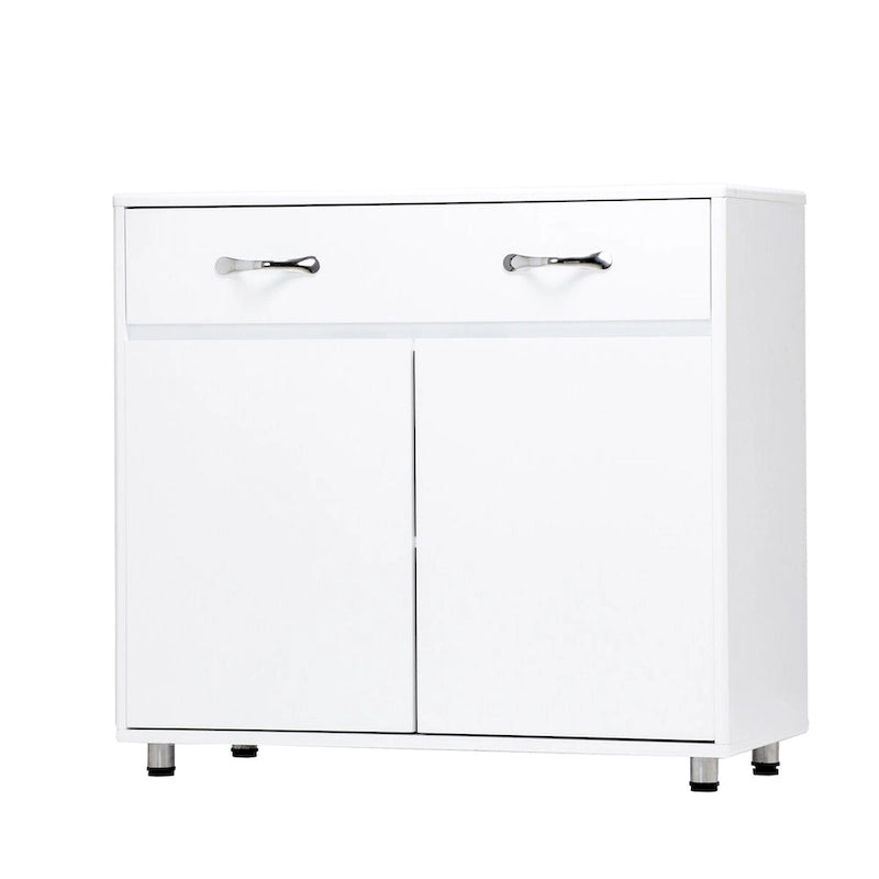 Buffet en MDF gris/blanc avec 3 tiroirs, 3 portes et pieds en tube d'acier – Individuel