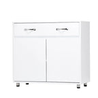 Buffet en MDF gris/blanc avec 3 tiroirs, 3 portes et pieds en tube d'acier – Individuel