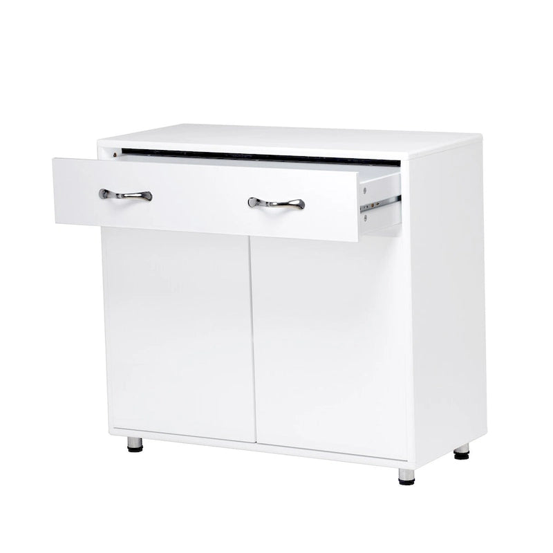 Buffet en MDF gris/blanc avec 3 tiroirs, 3 portes et pieds en tube d'acier – Individuel