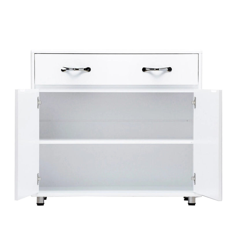 Buffet en MDF gris/blanc avec 3 tiroirs, 3 portes et pieds en tube d'acier – Individuel