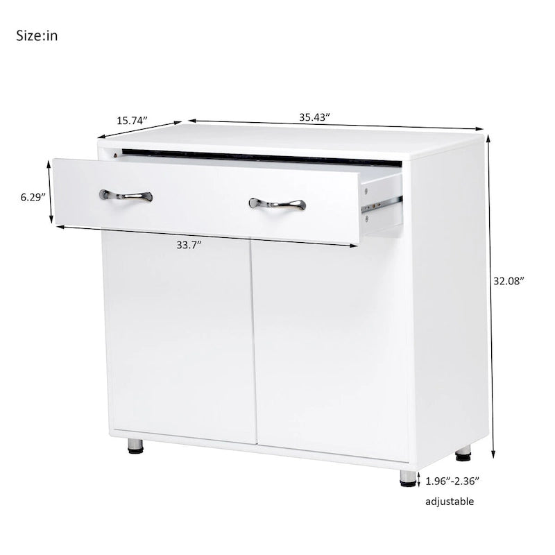 Buffet en MDF gris/blanc avec 3 tiroirs, 3 portes et pieds en tube d'acier – Individuel