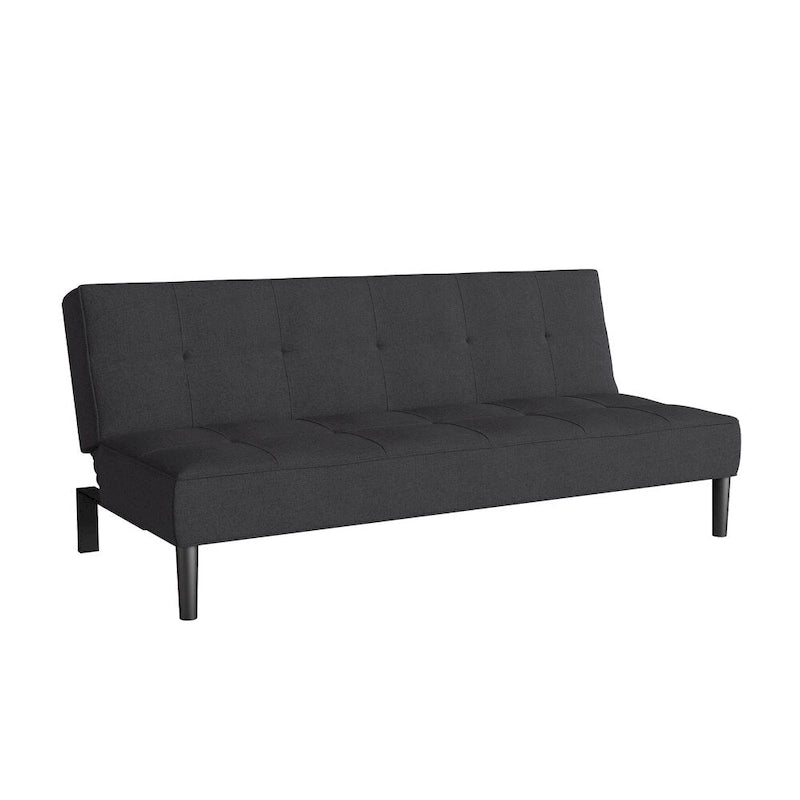 Canapé-lit futon convertible en tissu gris foncé/beige cannelle avec coussins capitonnés – 2 places
