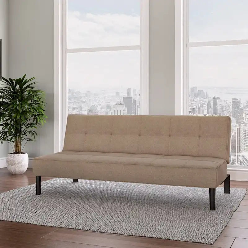 Canapé-lit futon convertible en tissu gris foncé/beige cannelle avec coussins capitonnés – 2 places