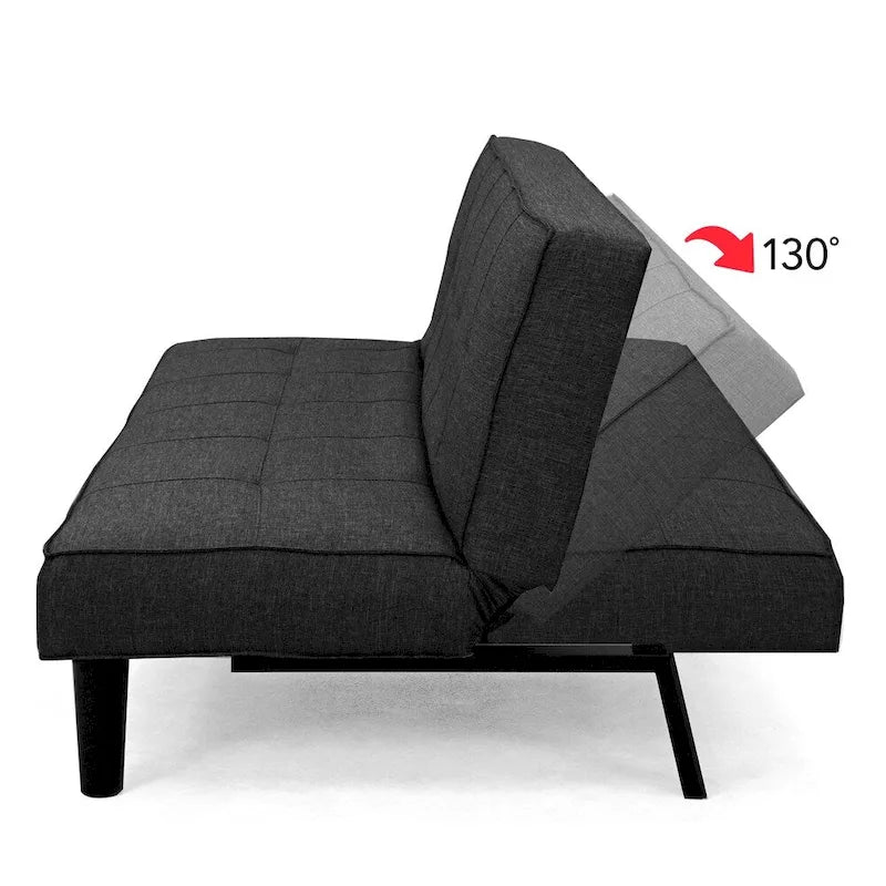 Canapé-lit futon convertible en tissu gris foncé/beige cannelle avec coussins capitonnés – 2 places