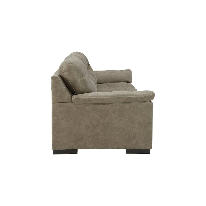 Canapé 3 places capitonné en similicuir beige/chocolat avec accoudoirs à plateau-coussin