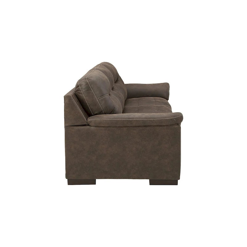 Canapé 3 places capitonné en similicuir beige/chocolat avec accoudoirs à plateau-coussin