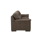 Canapé 3 places capitonné en similicuir beige/chocolat avec accoudoirs à plateau-coussin