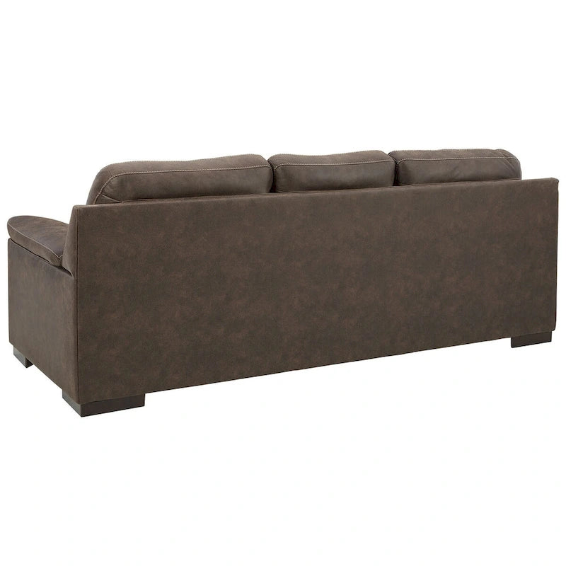 Canapé 3 places capitonné en similicuir beige/chocolat avec accoudoirs à plateau-coussin