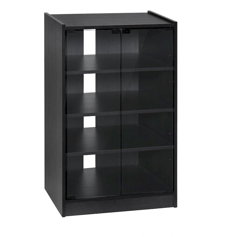 Meuble TV 5 niveaux noir avec portes en verre trempé et étagères réglables – Simple