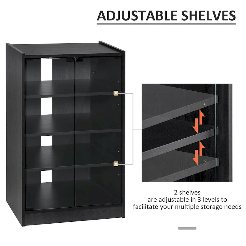 Meuble TV 5 niveaux noir avec portes en verre trempé et étagères réglables – Simple