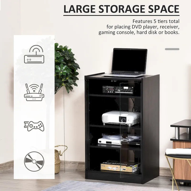 Meuble TV 5 niveaux noir avec portes en verre trempé et étagères réglables – Simple