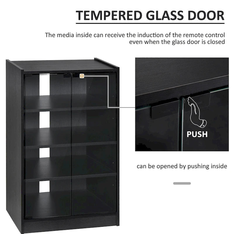 Meuble TV 5 niveaux noir avec portes en verre trempé et étagères réglables – Simple
