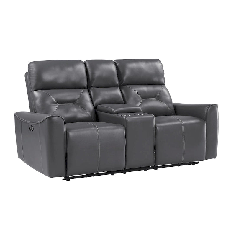 Causeuse inclinable électrique double en similicuir gris avec console centrale et ports USB – 2 places