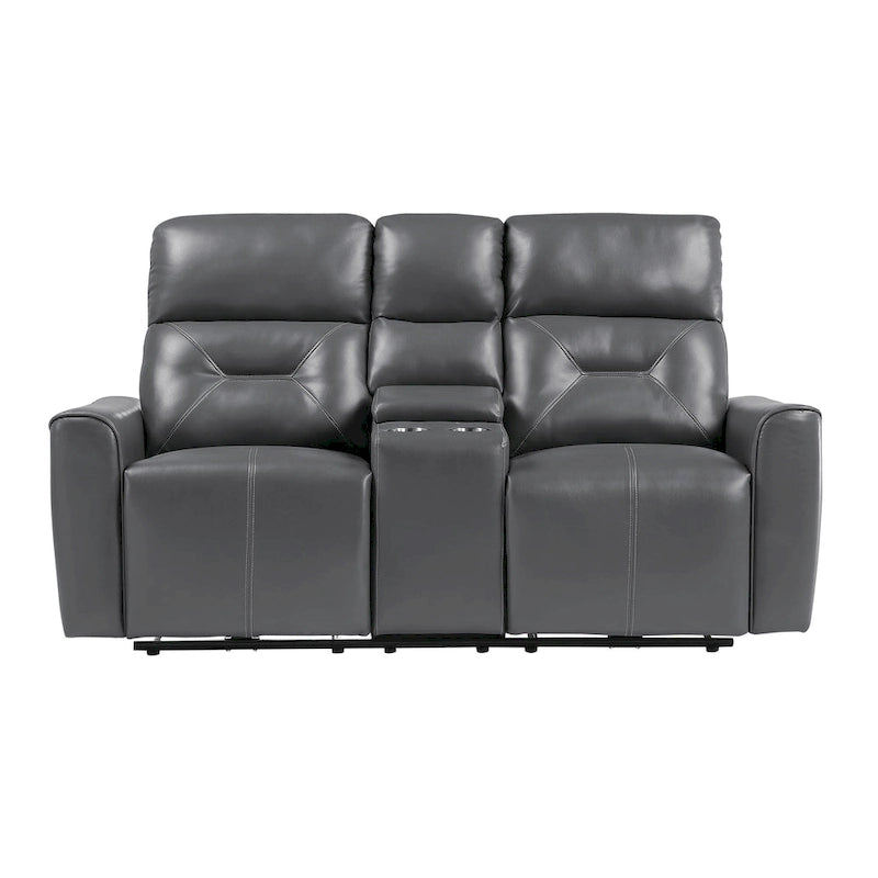 Causeuse inclinable électrique double en similicuir gris avec console centrale et ports USB – 2 places
