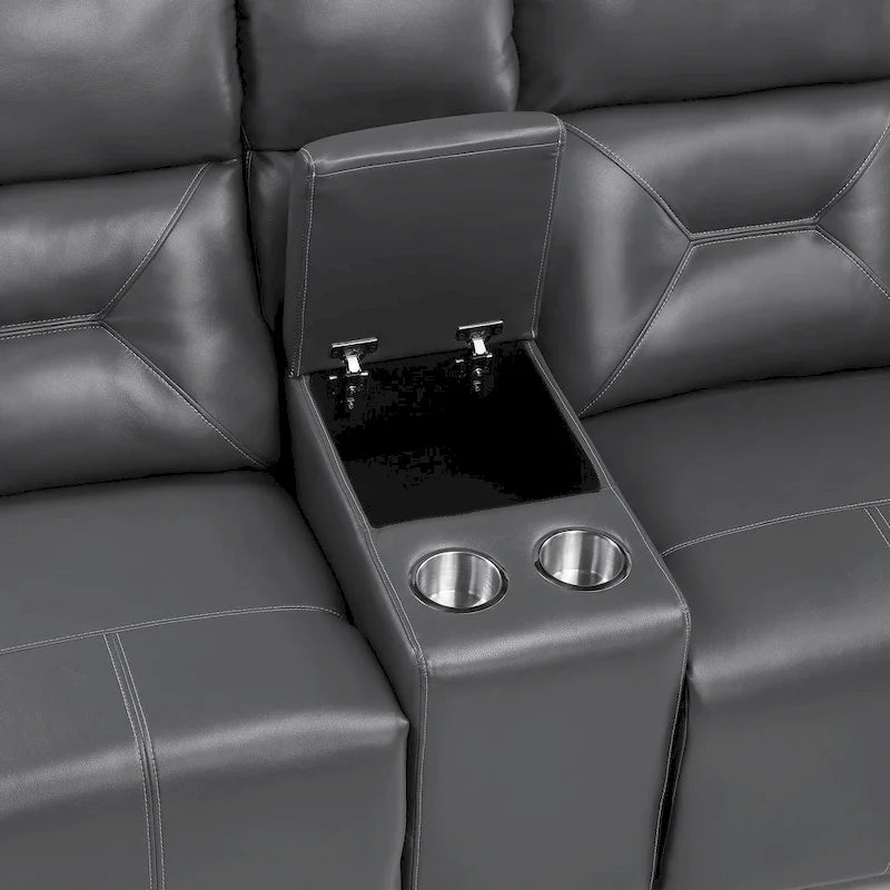 Causeuse inclinable électrique double en similicuir gris avec console centrale et ports USB – 2 places