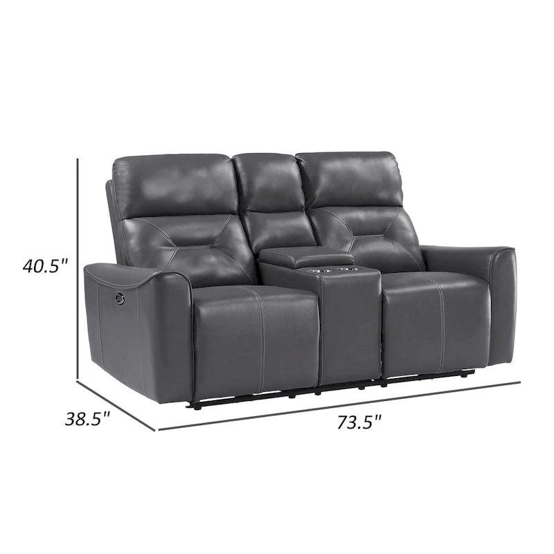 Causeuse inclinable électrique double en similicuir gris avec console centrale et ports USB – 2 places