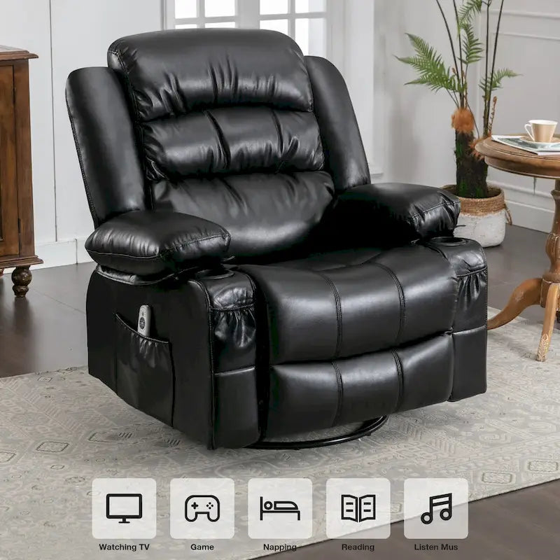 Fauteuil inclinable, pivotant et berçant de massage en tissu noir avec chauffage et port USB – Simple