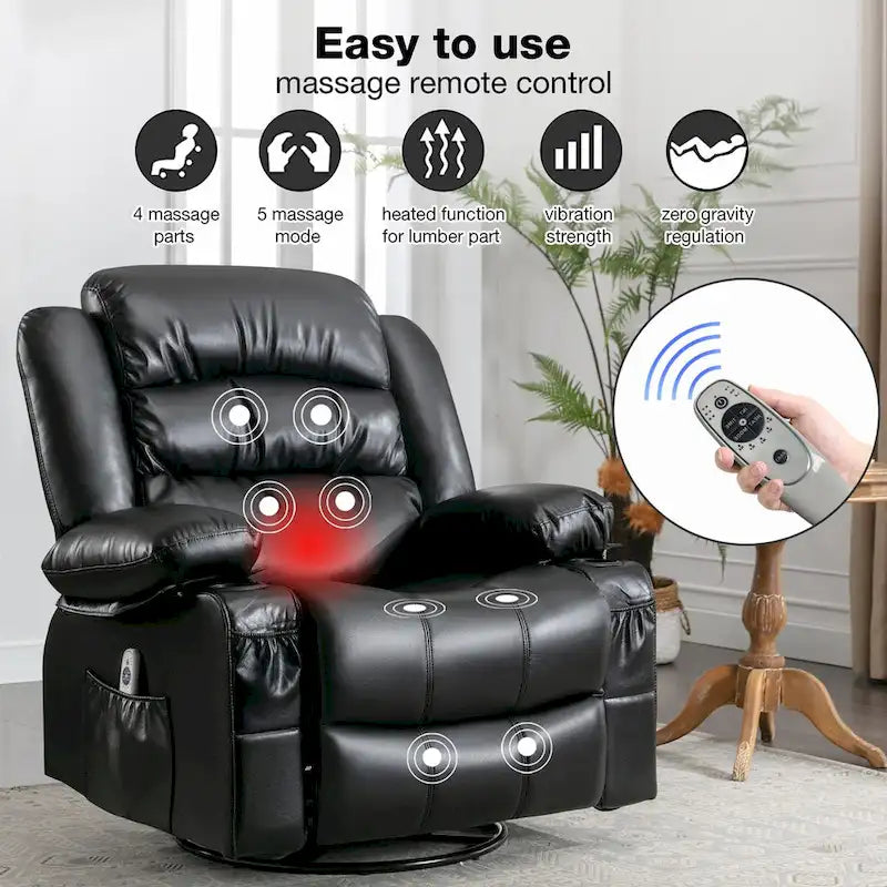 Fauteuil inclinable, pivotant et berçant de massage en tissu noir avec chauffage et port USB – Simple