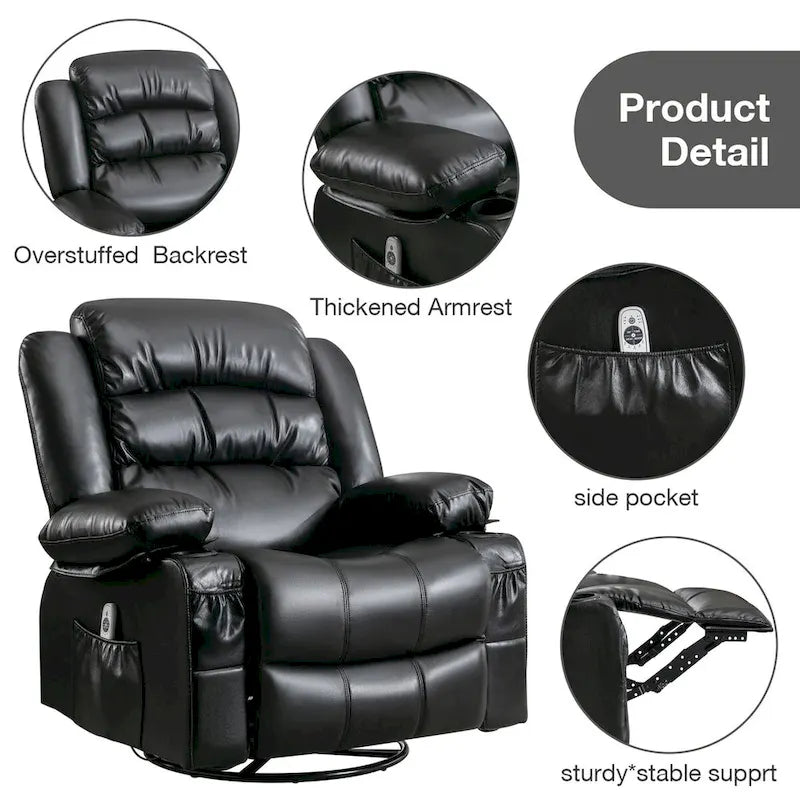 Fauteuil inclinable, pivotant et berçant de massage en tissu noir avec chauffage et port USB – Simple