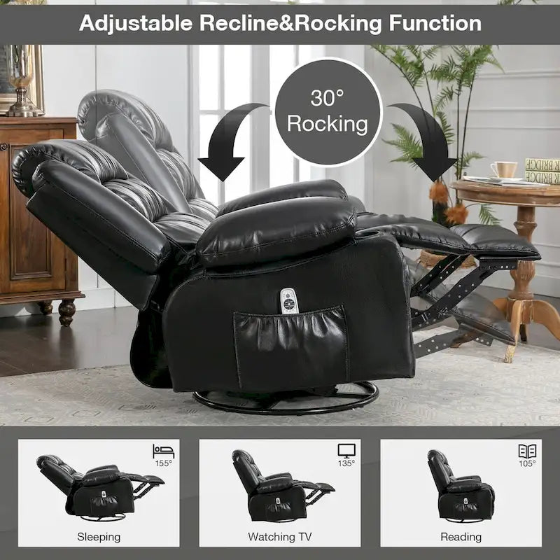 Fauteuil inclinable, pivotant et berçant de massage en tissu noir avec chauffage et port USB – Simple