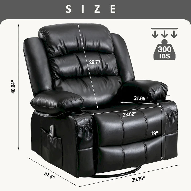 Fauteuil inclinable, pivotant et berçant de massage en tissu noir avec chauffage et port USB – Simple