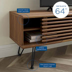 Meuble TV moderne du milieu du siècle en noyer avec pieds en épingle, tiroir central et portes coulissantes à lattes – Simple