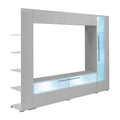 Meuble TV mural blanc/noir laqué avec vitrines LED, portes abattantes et bibliothèque cachée – Simple