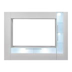 Meuble TV mural blanc/noir laqué avec vitrines LED, portes abattantes et bibliothèque cachée – Simple