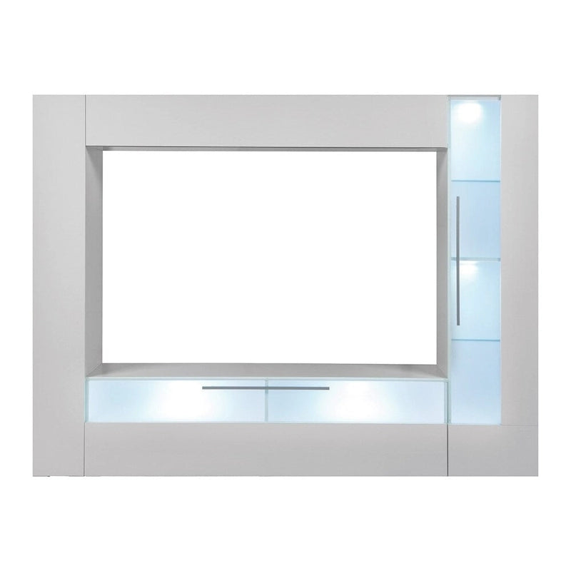 Meuble TV mural blanc/noir laqué avec vitrines LED, portes abattantes et bibliothèque cachée – Simple