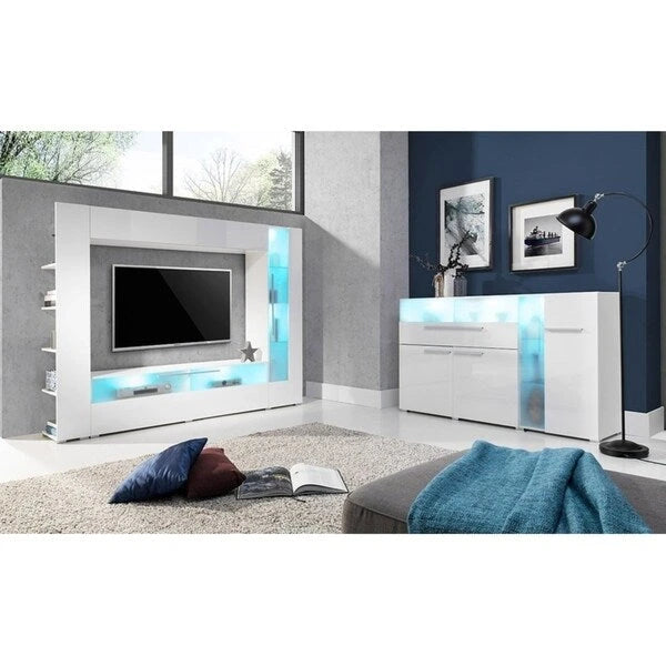 Meuble TV mural blanc/noir laqué avec vitrines LED, portes abattantes et bibliothèque cachée – Simple
