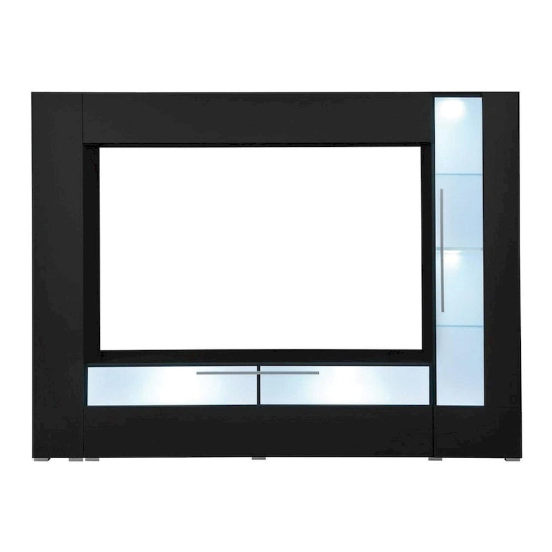 Meuble TV mural blanc/noir laqué avec vitrines LED, portes abattantes et bibliothèque cachée – Simple