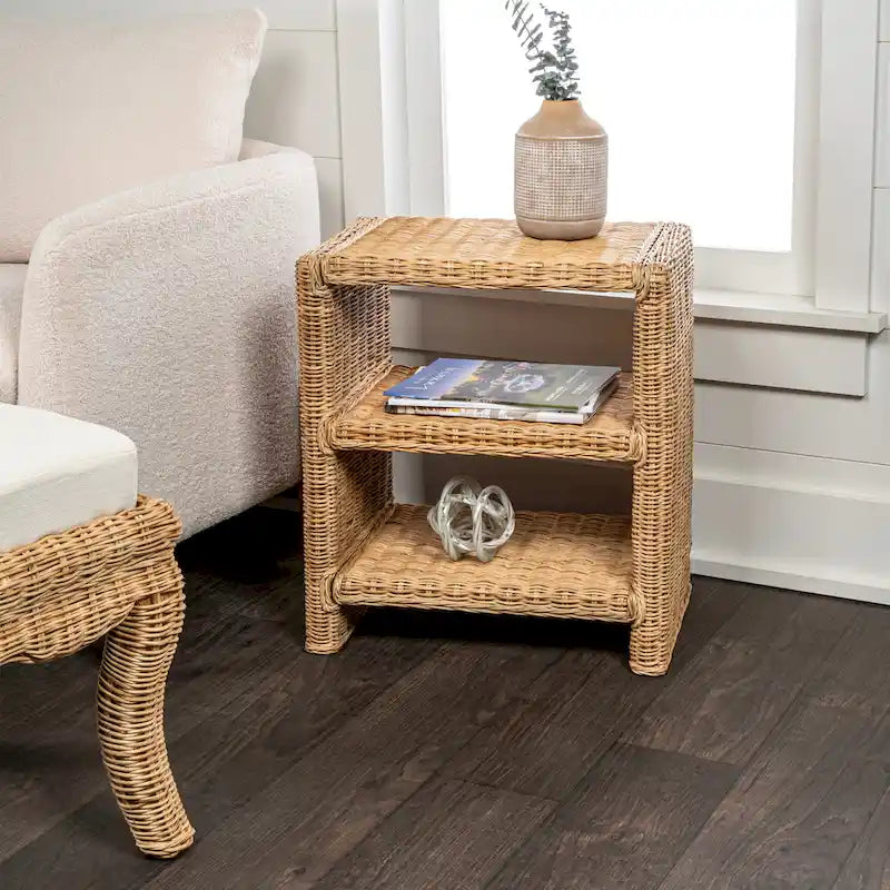 Spiroa 22  Coastal Bohemian Rattan/Wood 3 Tier End Table, Natural, by JONATHAN Y - 22.04 